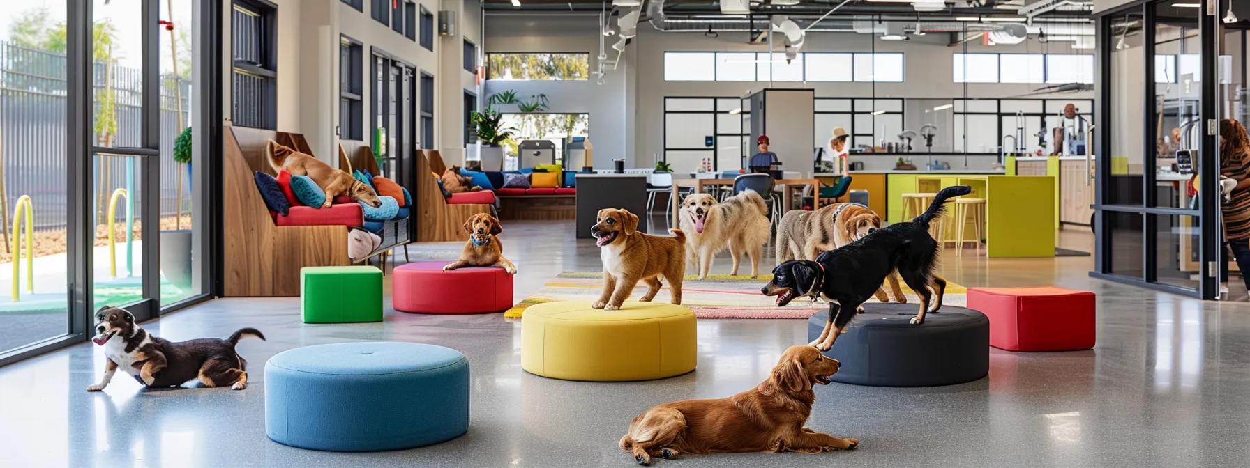 a vibrant, candid scene in a modern dog boarding facility showcases happy doodles and retrievers playing energetically in a well-organized indoor area, reflecting a commitment to open communication and clear operational policies with evident safety measures in place.