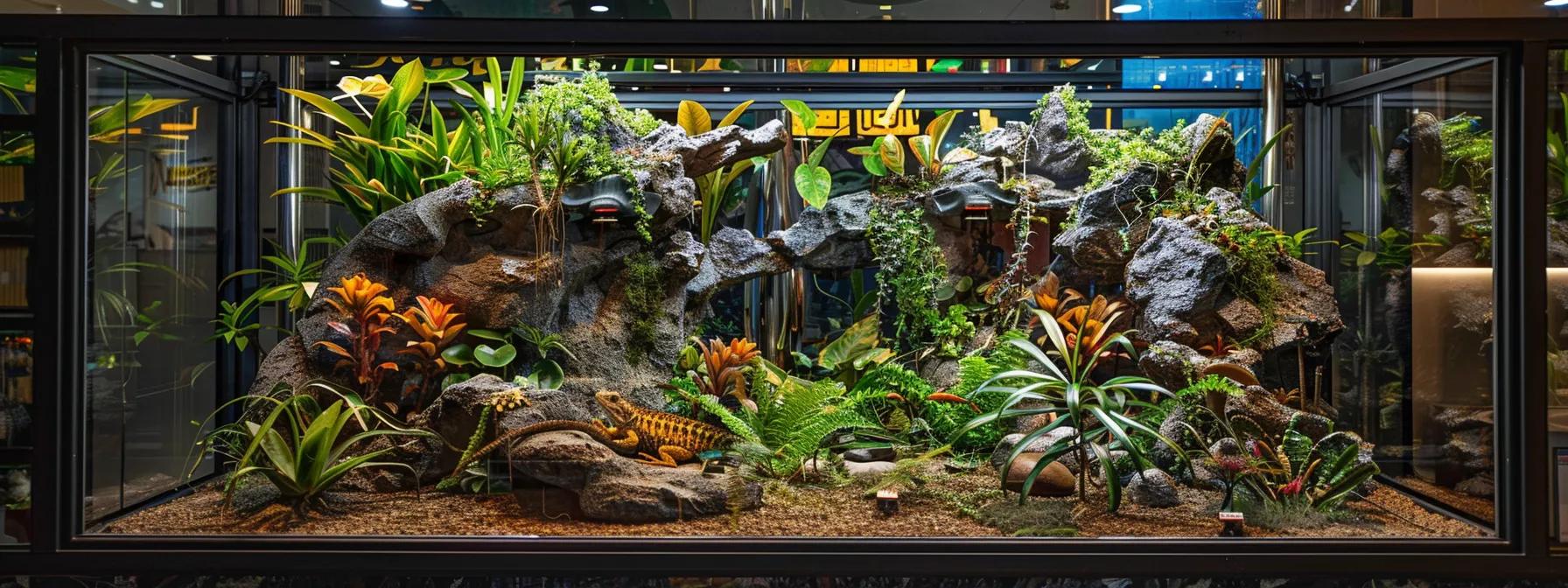 a vibrant, carefully designed lizard habitat sits inside a modern, glass-enclosed terrarium, featuring intricate themed decor elements like miniature rocks, textured backgrounds, and artificial foliage that evoke a whimsical desert landscape. a vibrant, carefully designed lizard habitat sits inside a modern, glass-enclosed terrarium, featuring intricate themed decor elements like miniature rocks, textured backgrounds, and artificial foliage that evoke a whimsical desert landscape.