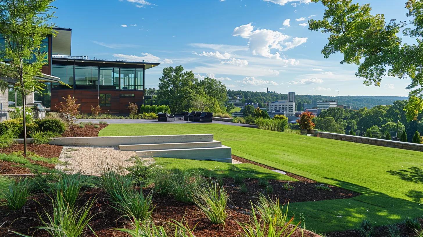 a vibrant chattanooga lawn showcases a thriving green landscape, featuring healthy grass varieties and neatly arranged organic mulch, set against a modern urban backdrop with a sophisticated home and clear blue skies above. a vibrant chattanooga lawn showcases a thriving green landscape, featuring healthy grass varieties and neatly arranged organic mulch, set against a modern urban backdrop with a sophisticated home and clear blue skies above.