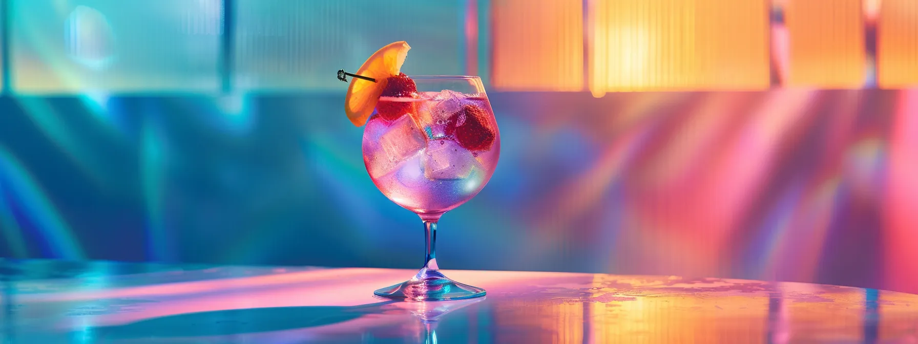 a vibrant, chilled glass of thc-infused seltzer, adorned with a fresh fruit twist, stands prominently against a colorful, dreamlike backdrop that radiates a playful and retro-futuristic atmosphere, inviting a lively gathering.