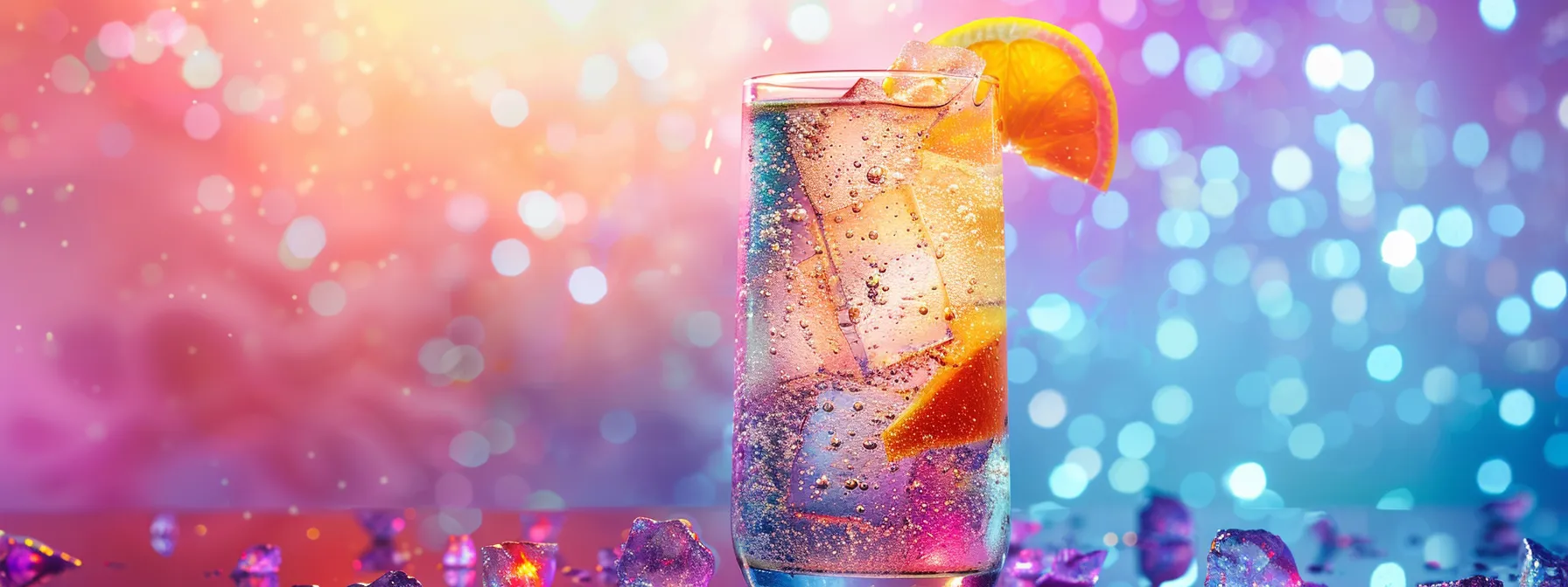 a vibrant, chilled thc-infused seltzer brimming with effervescent bubbles and garnished with a zesty fruit twist, set against a colorful cosmic backdrop that evokes a playful, retro-futuristic vibe, perfect for an engaging evening hangout. a vibrant, chilled thc-infused seltzer brimming with effervescent bubbles and garnished with a zesty fruit twist, set against a colorful cosmic backdrop that evokes a playful, retro-futuristic vibe, perfect for an engaging evening hangout.