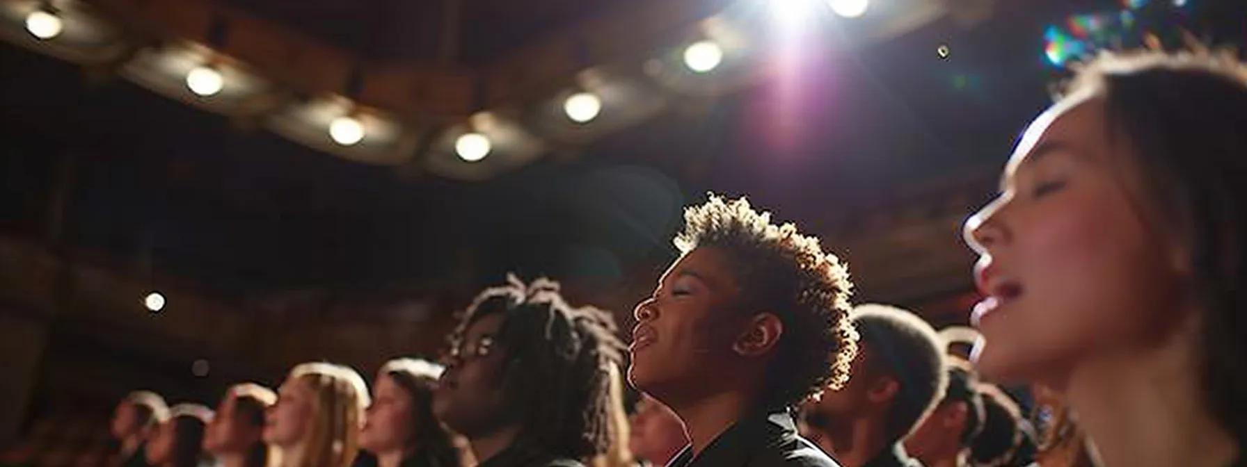 a vibrant choir performance set in an elegantly lit urban auditorium, showcasing a diverse group of singers harmoniously engaging with the audience, embodying community spirit and emotional connection. a vibrant choir performance set in an elegantly lit urban auditorium, showcasing a diverse group of singers harmoniously engaging with the audience, embodying community spirit and emotional connection.
