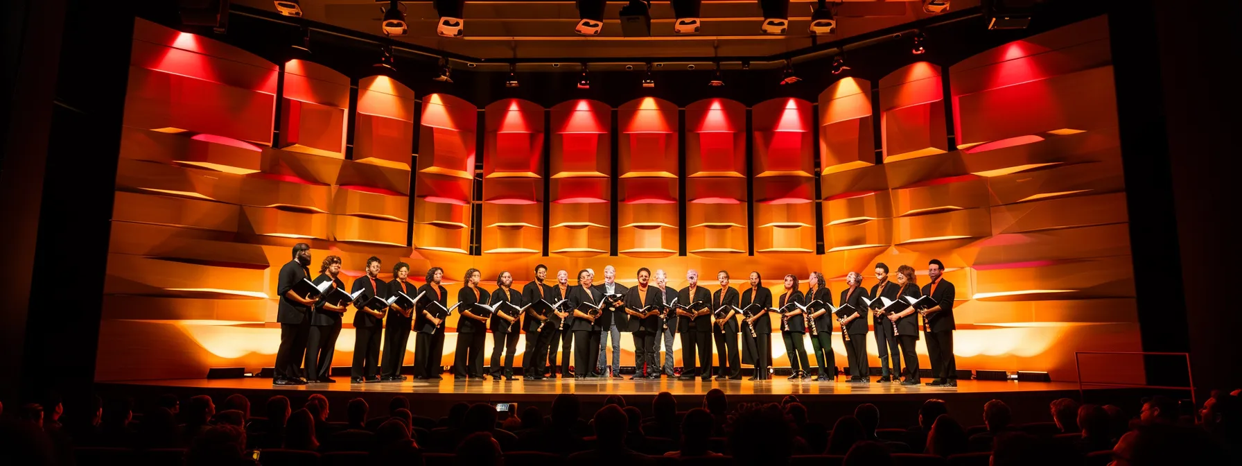 a vibrant choir recital unfolds on stage, showcasing a diverse group of singers harmoniously engaged in passionate performance amidst rich, warm lighting that enhances the venue's acoustics. a vibrant choir recital unfolds on stage, showcasing a diverse group of singers harmoniously engaged in passionate performance amidst rich, warm lighting that enhances the venue's acoustics.
