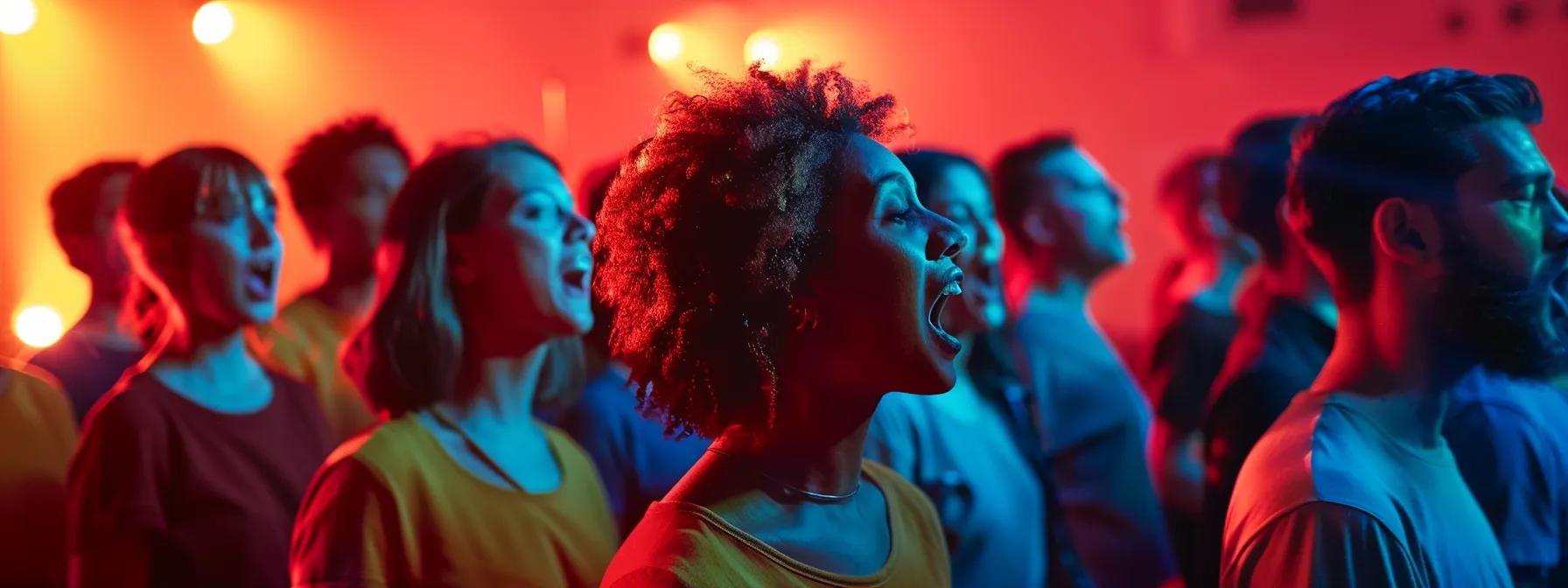 a vibrant choir rehearsal in a modern urban music studio, with diverse singers passionately engaging in harmonious vocal expression, surrounded by energized acoustics and artistic sound equipment.