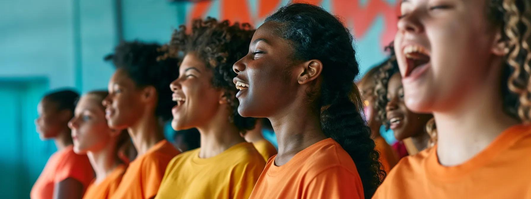 a vibrant choir rehearsal scene in a modern urban community center, showcasing diverse singers passionately engaging in a dynamic group performance, highlighting camaraderie, emotional expression, and the transformative power of music on mental and physical well-being. a vibrant choir rehearsal scene in a modern urban community center, showcasing diverse singers passionately engaging in a dynamic group performance, highlighting camaraderie, emotional expression, and the transformative power of music on mental and physical well-being.