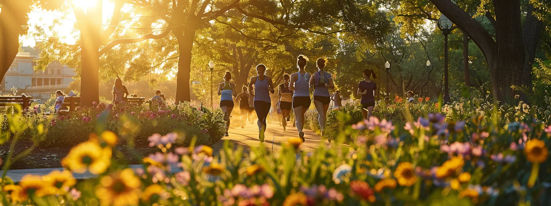 a vibrant city park scene at sunrise showcases a group of athletic individuals in eye-catching leggings, surrounded by lush greenery and blooming flowers, embodying vitality and movement.