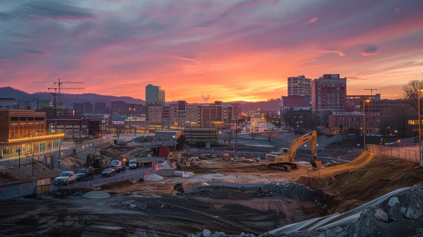 a vibrant city skyline overlooking a bustling construction site, showcasing various commercial buildings in progress with contrasting styles, illuminated by the golden light of sunset, symbolizing growth and opportunity in knoxville’s architectural landscape. a vibrant city skyline overlooking a bustling construction site, showcasing various commercial buildings in progress with contrasting styles, illuminated by the golden light of sunset, symbolizing growth and opportunity in knoxville’s architectural landscape.