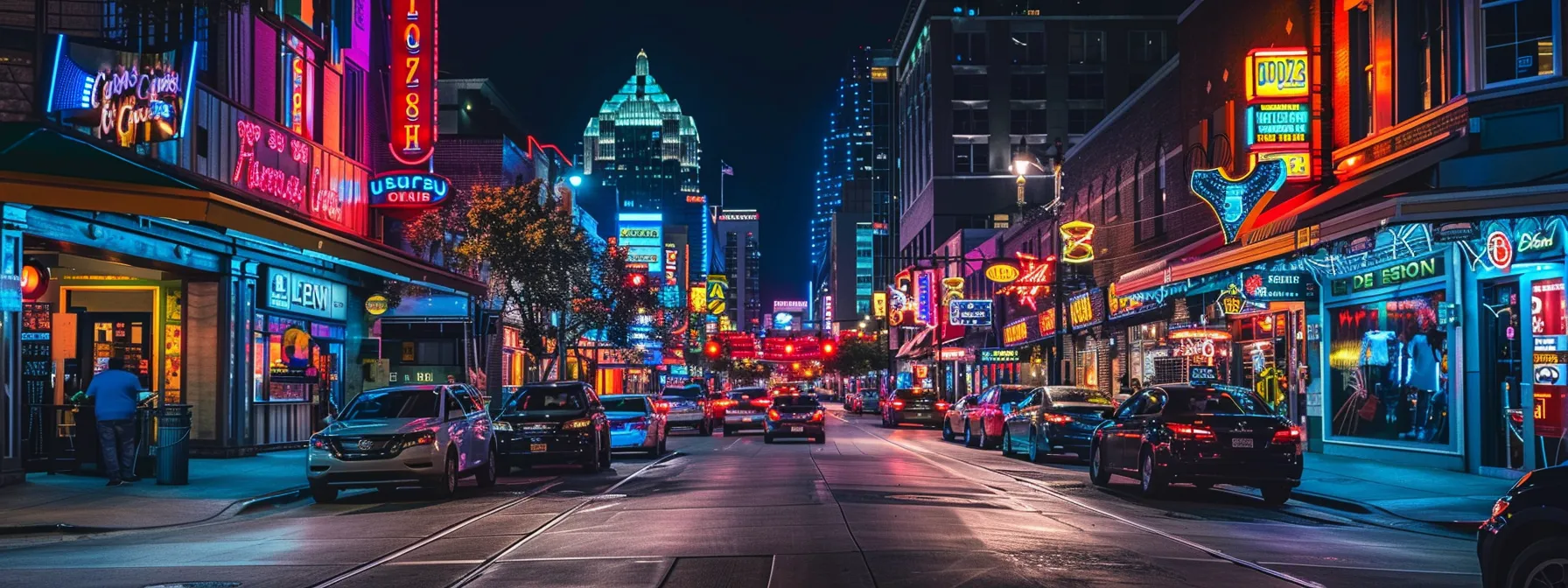 a vibrant city street in houston showcases diverse storefronts with striking custom signage, each adhering to local regulations and reflecting the unique branding of various businesses under the warm glow of urban lighting. Explore Local Regulations for Signage in Houston, TX