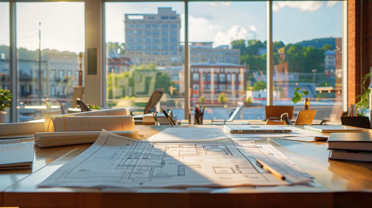 a vibrant cityscape of knoxville showcases a commercial builder's office with detailed blueprints and cost estimates spread across a polished table, illuminated by warm, natural light filtering through large windows. a vibrant cityscape of knoxville showcases a commercial builder's office with detailed blueprints and cost estimates spread across a polished table, illuminated by warm, natural light filtering through large windows.