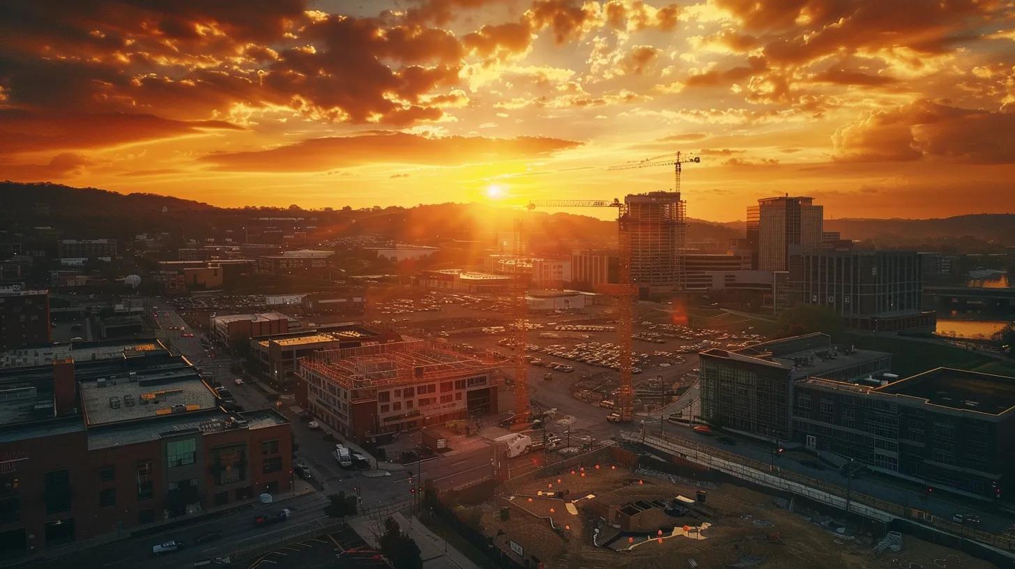 a vibrant cityscape of knoxville showcasing a modern construction site, illuminated by golden hour light, emphasizing the seamless integration of local contractors expertly navigating regulations amid dynamic urban development. a vibrant cityscape of knoxville showcasing a modern construction site, illuminated by golden hour light, emphasizing the seamless integration of local contractors expertly navigating regulations amid dynamic urban development.