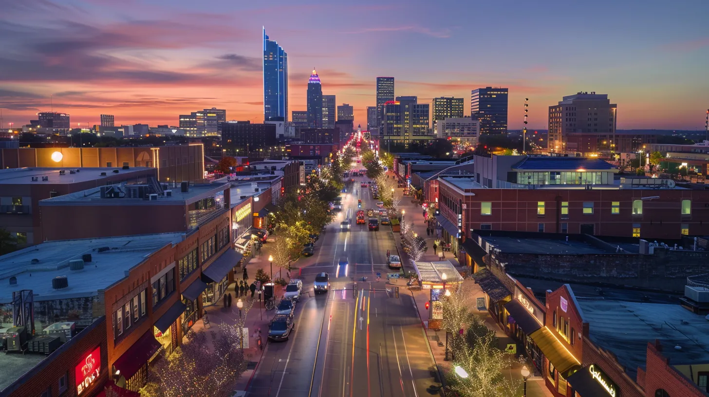 a vibrant cityscape of oklahoma city at dusk, showcasing a dynamic business district with illuminated storefronts and bustling sidewalks, symbolizing innovative marketing strategies and collaboration among local businesses.