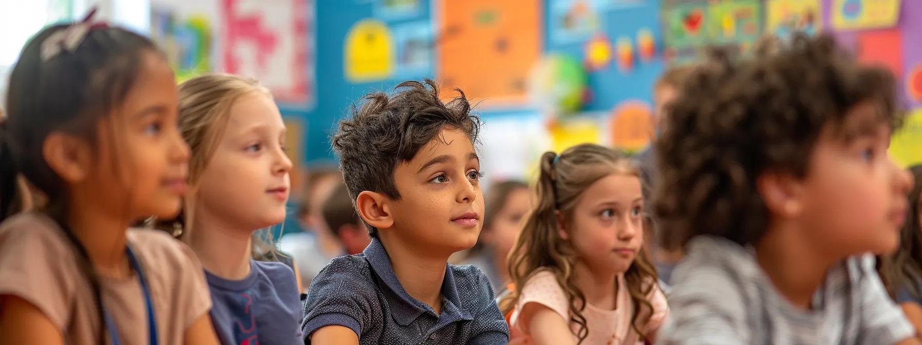 a vibrant classroom filled with engaged children collaboratively participating in an interactive emotional intelligence workshop, showcasing their expressions of curiosity and empathy against a backdrop of colorful educational materials.