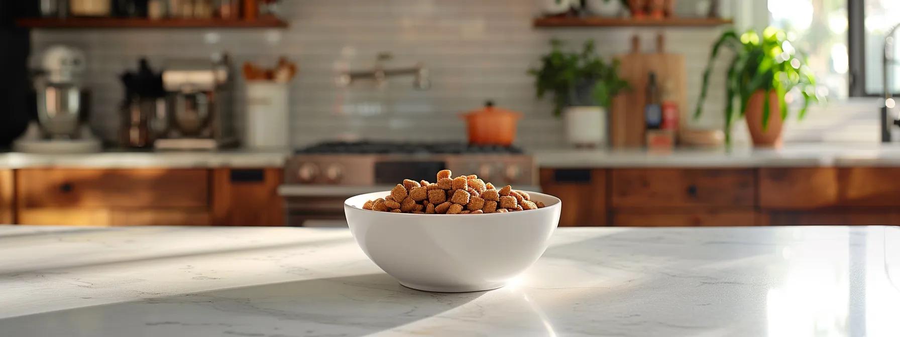 a vibrant, clean kitchen scene showcases an elegant bowl filled with premium dog food featuring distinctive, minimal ingredients, against a backdrop of a modern, well-lit space emphasizing health and nutrition for allergy-prone dogs. a vibrant, clean kitchen scene showcases an elegant bowl filled with premium dog food featuring distinctive, minimal ingredients, against a backdrop of a modern, well-lit space emphasizing health and nutrition for allergy-prone dogs.