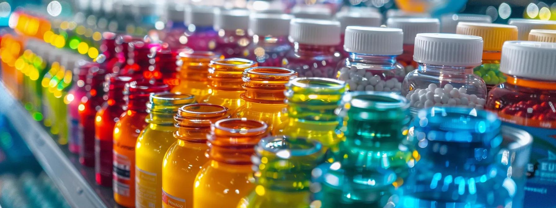 a vibrant, close-up image of meticulously arranged, colorful sports nutrition products against a backdrop of gleaming laboratory equipment, symbolizing the commitment to quality and excellence in sports nutrition manufacturing.