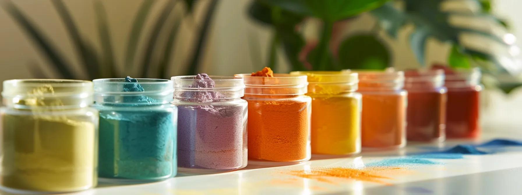 a vibrant, close-up scene showcasing a selection of colorful electrolyte powders arranged in neat containers, illuminated by soft, natural light to emphasize their purity and quality ingredients against a clean, minimalist background.