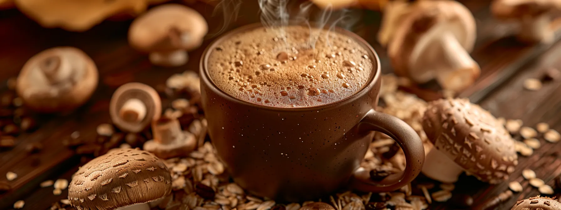 a vibrant close-up of a steaming cup of mushroom coffee surrounded by fresh mushrooms and oat grains, illuminated by warm natural light to emphasize its earthy tones and inviting texture.