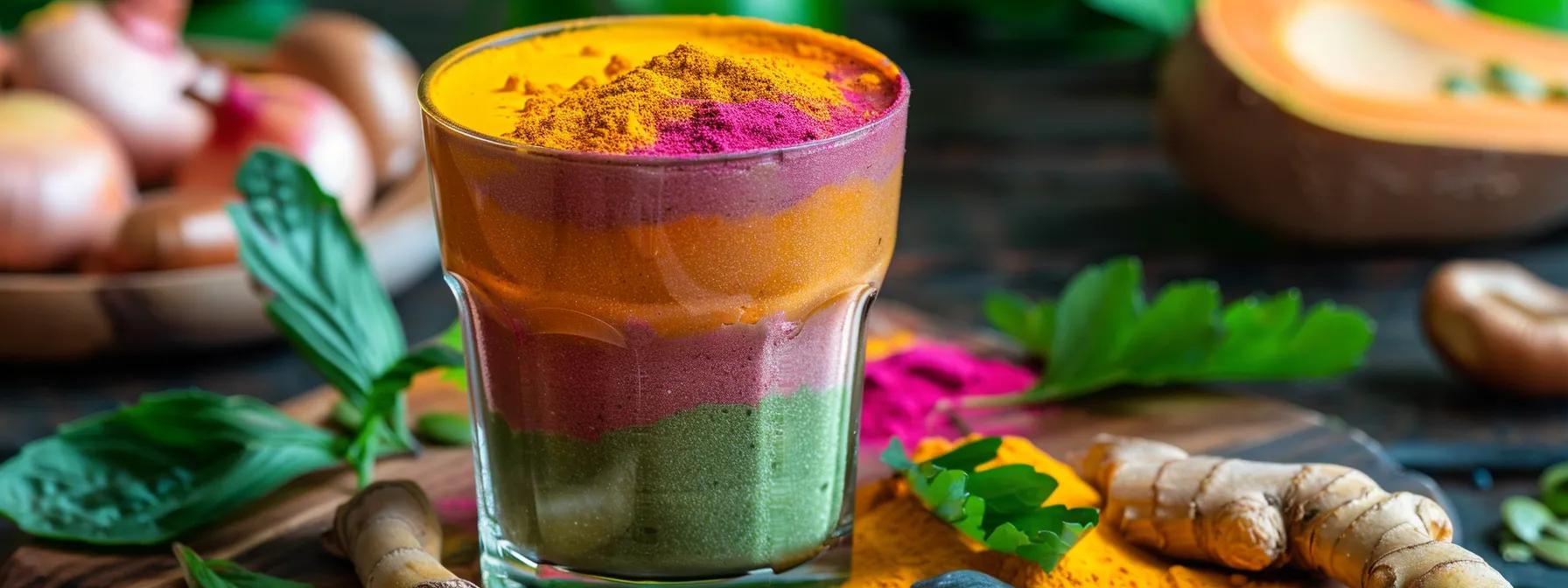 a vibrant, close-up shot of a colorful multivitamin powder mix elegantly swirled in a glass, surrounded by fresh natural ingredients like reishi mushrooms and leafy greens, illuminated by soft, diffused lighting to emphasize the health benefits and vitality it brings to daily life.