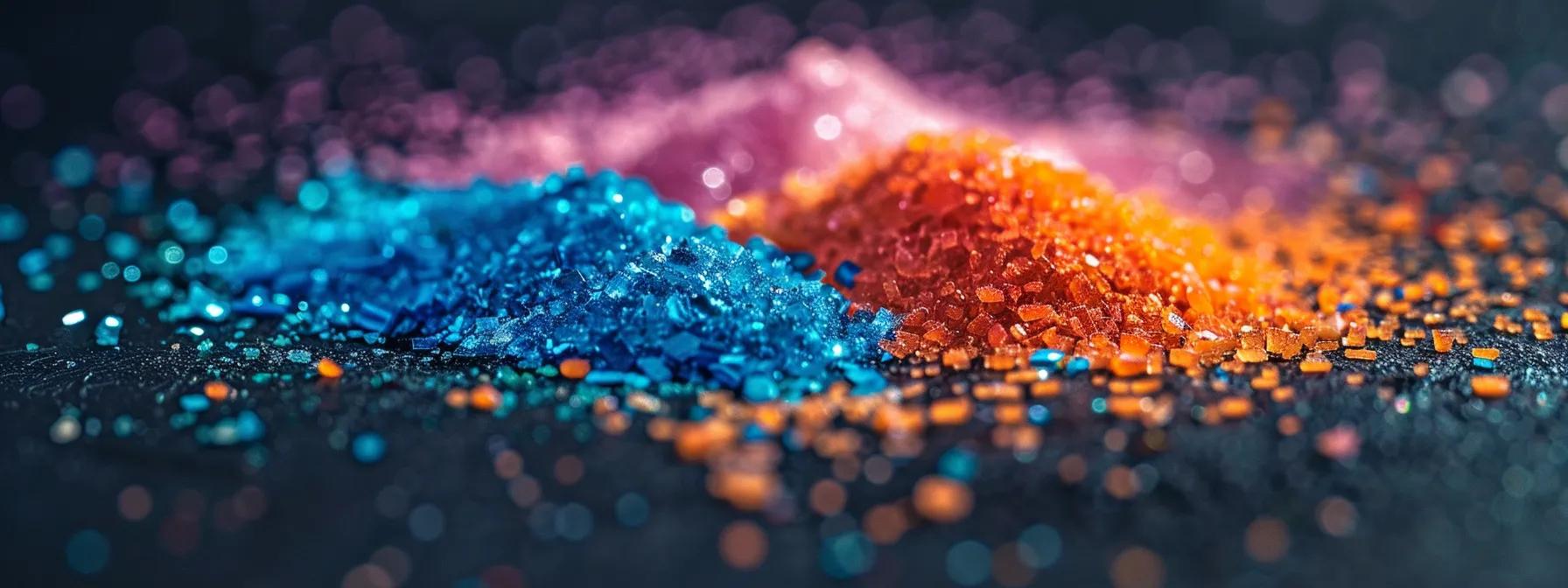 a vibrant close-up of colorful electrolyte powder scattered artistically on a dark surface, with radiant light illuminating the grains, symbolizing the essential minerals of sodium, potassium, magnesium, and calcium vital for hydration and muscle recovery.