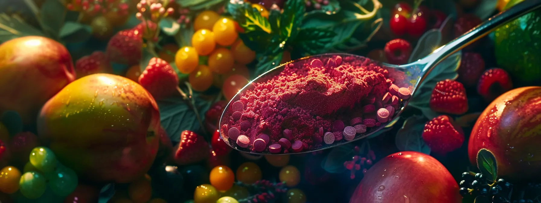 a vibrant close-up of colorful multivitamin powder nestled in an elegant spoon, surrounded by fresh fruits and herbs, illuminated by soft natural light that highlights the textures and hues of the supplements, conveying a message of health and vitality.