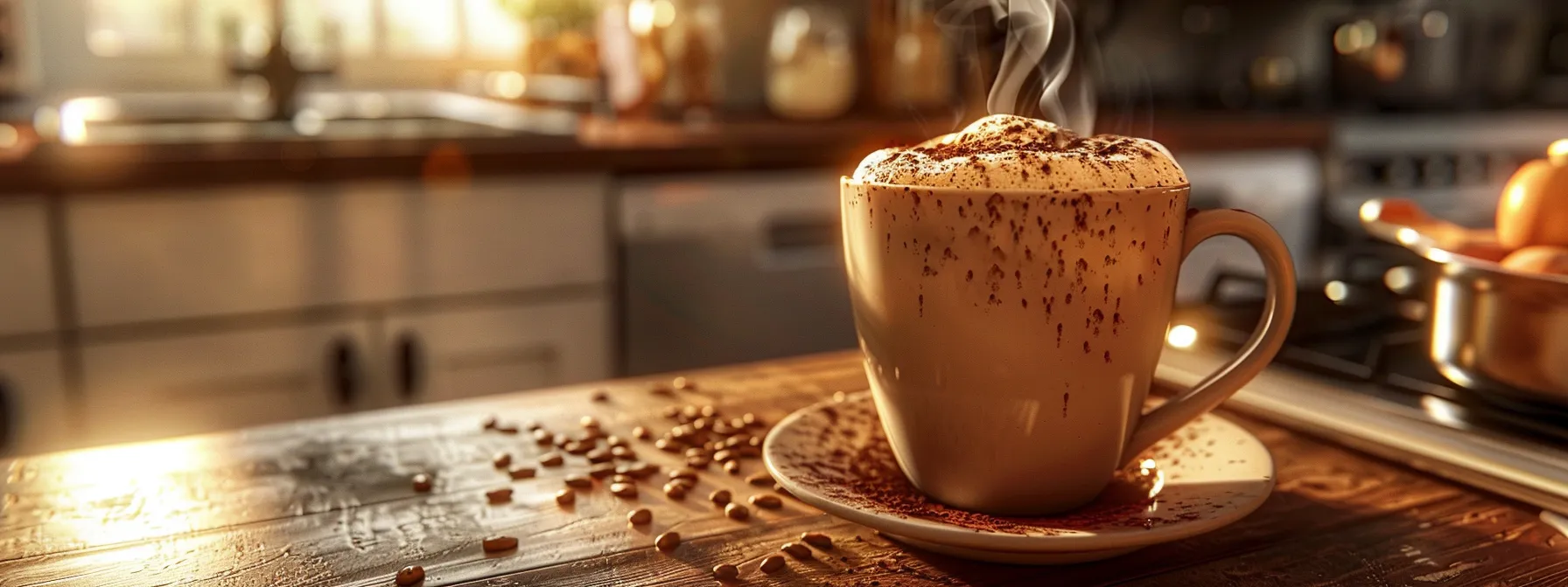 a vibrant close-up of a steaming mug of rich mushroom coffee, elegantly garnished with frothy swirls and chocolate shavings, set against a warm, inviting kitchen backdrop, evoking comfort and health.