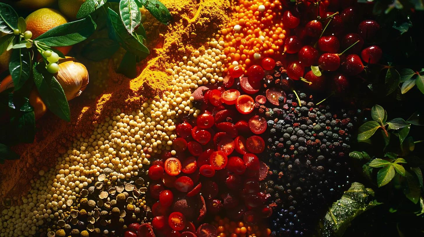 a vibrant close-up of assorted colorful food ingredients, such as fruits, vegetables, and legumes, artfully arranged to highlight their bioactive peptides, illuminated with soft, natural light to emphasize their freshness and nutritional benefits.