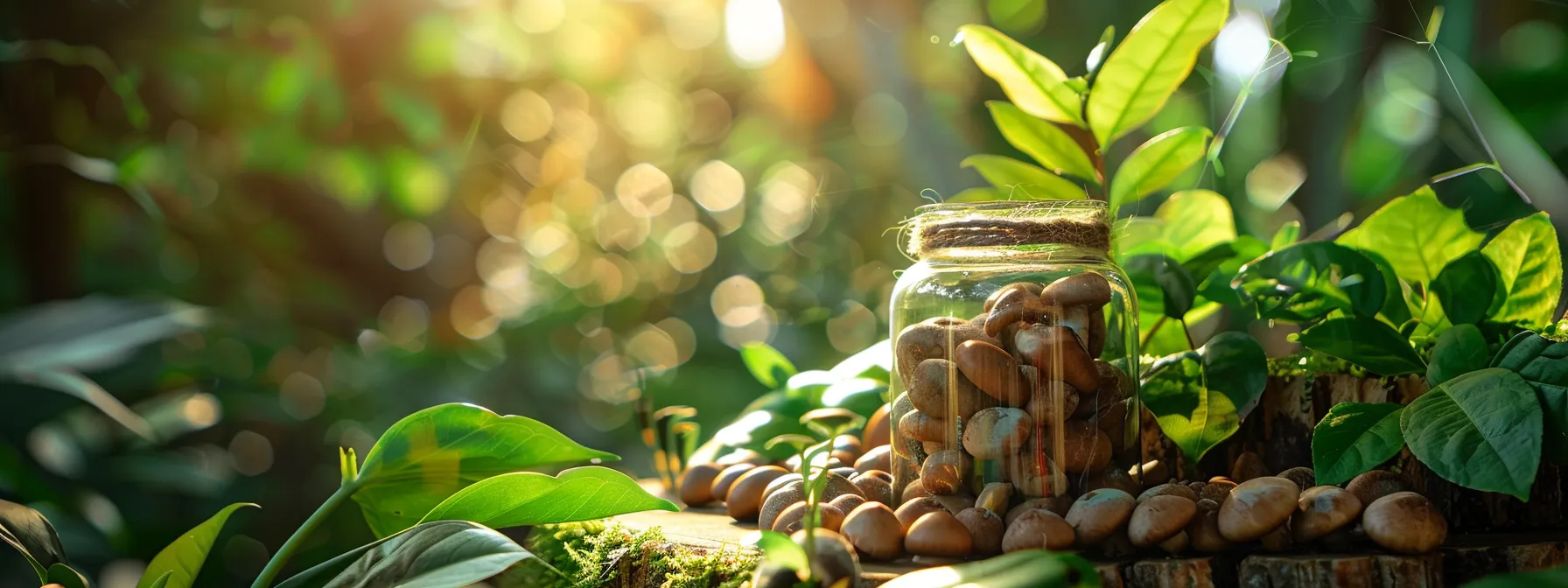 a vibrant, close-up image of a beautifully arranged jar of mushroom matcha mix, surrounded by rich green leaves and soft natural light, highlighting the importance of proper storage for preserving its freshness and potency.