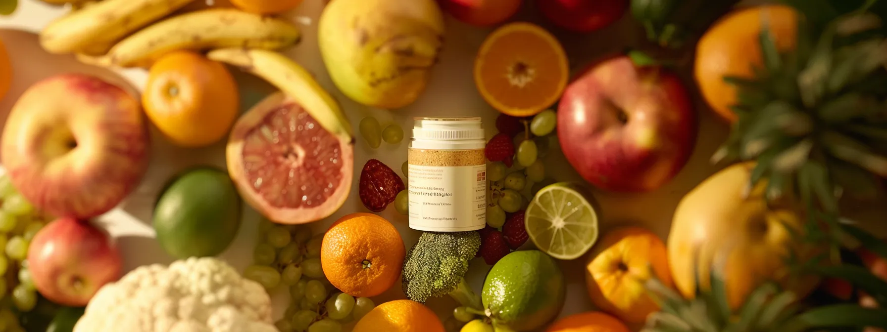 a vibrant, close-up shot of an open packet of all-one multivitamin powder surrounded by fresh fruits and vegetables, suggesting health and vitality against a bright, natural backdrop.