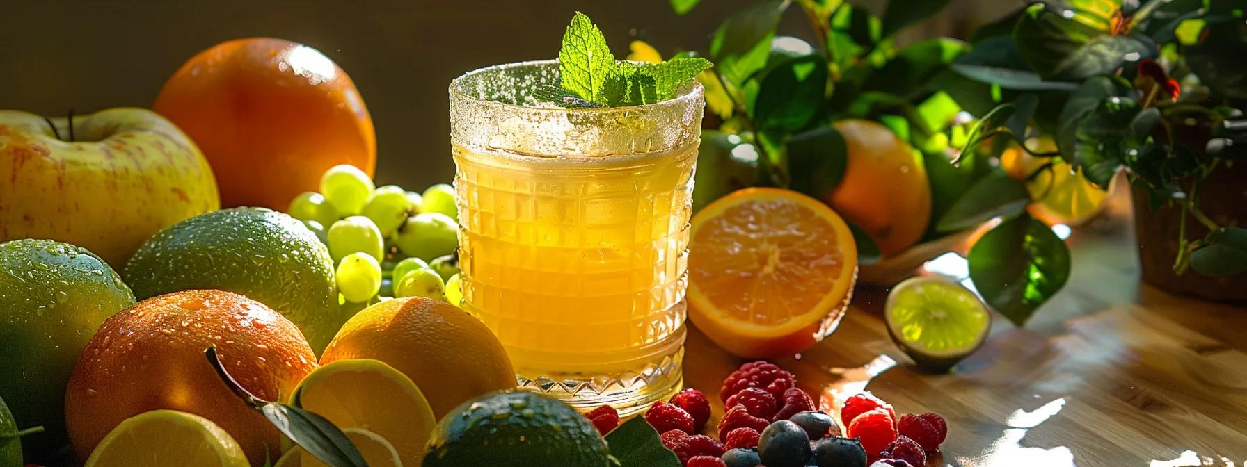 a vibrant, close-up shot of a refreshing glass of electrolyte-infused drink illuminated by soft sunlight, surrounded by fresh fruits and vegetables, symbolizing health and hydration in a ketogenic diet.