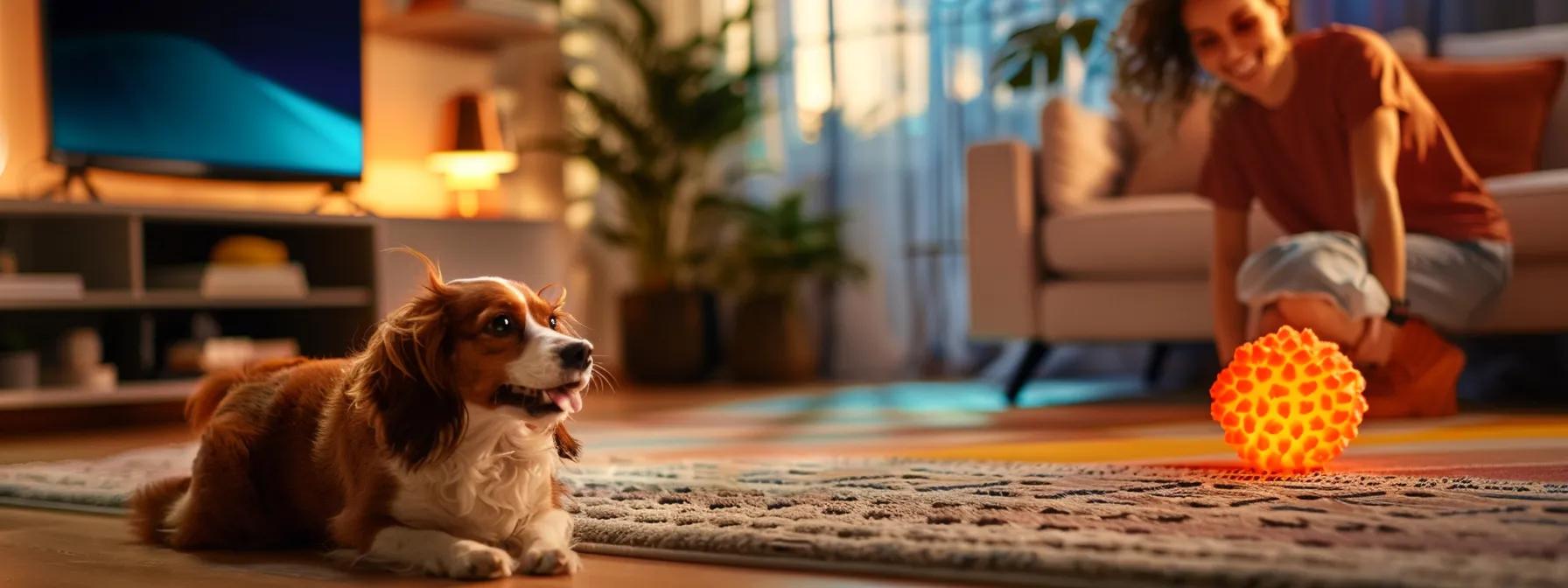 a vibrant, close-up shot of a plush squeaky dog toy prominently displayed on a clean, modern pet-friendly living room floor, with a watchful dog and its owner attentively engaged in play, emphasizing safety and interaction in pet care. a vibrant, close-up shot of a plush squeaky dog toy prominently displayed on a clean, modern pet-friendly living room floor, with a watchful dog and its owner attentively engaged in play, emphasizing safety and interaction in pet care.