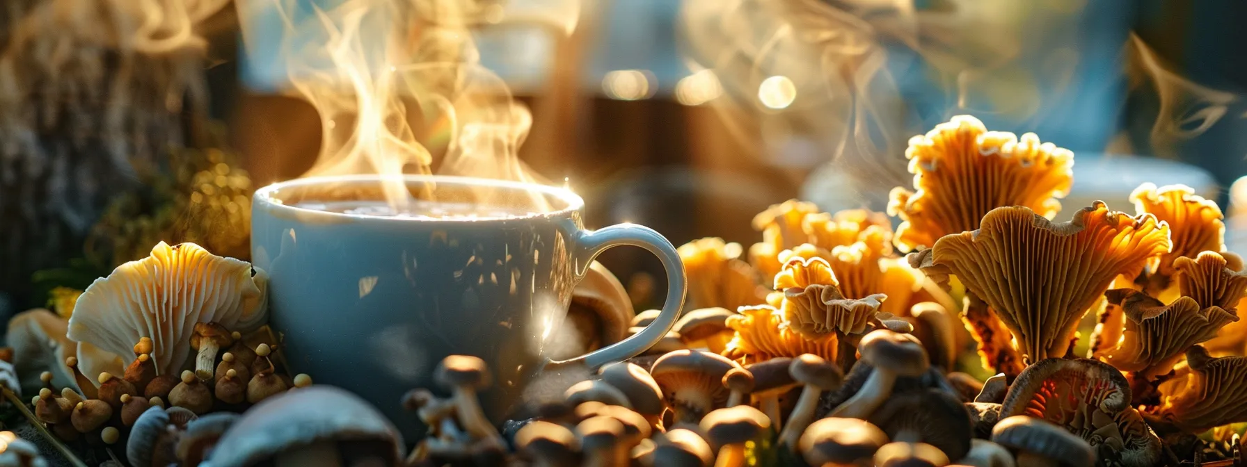a vibrant close-up of a steaming cup of mushroom coffee surrounded by fresh lion's mane and chaga mushrooms, illuminated by warm natural light to highlight their unique textures and earthy colors.