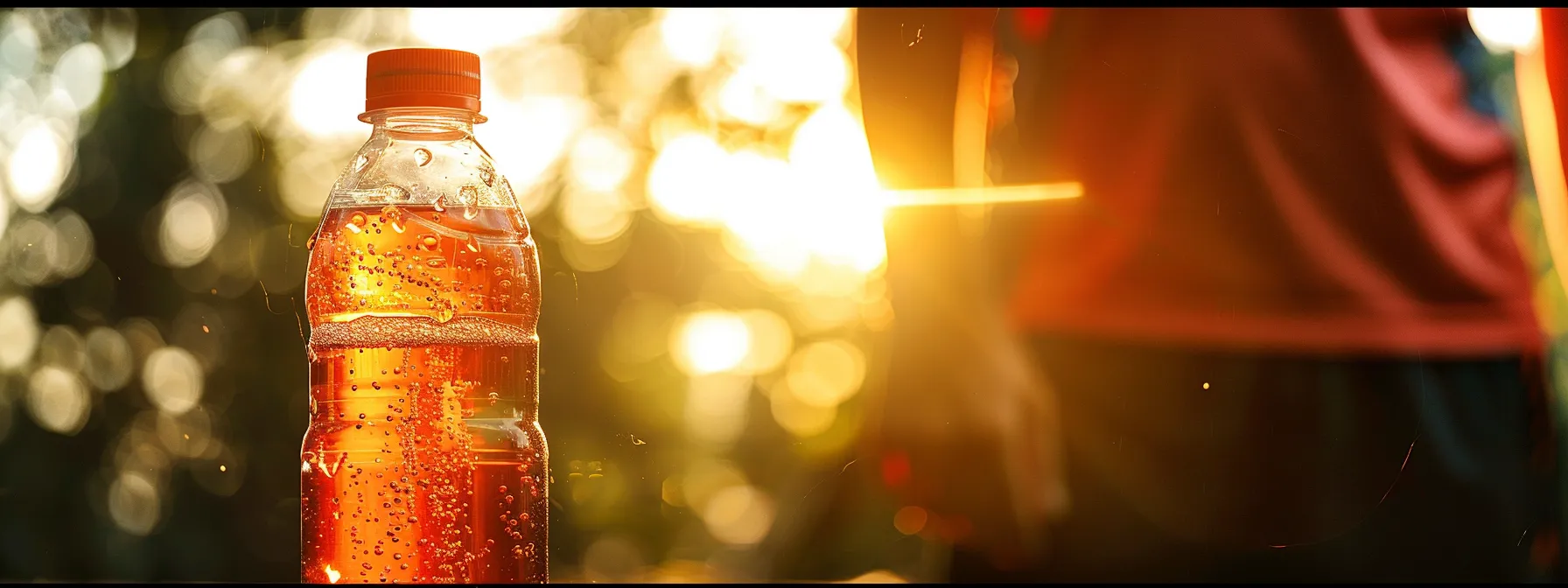 a vibrant close-up of a refreshing sports drink beside an athlete's water bottle, capturing their determination and focus as they prepare for a grueling workout, with sunlight filtering through to enhance the energizing atmosphere.