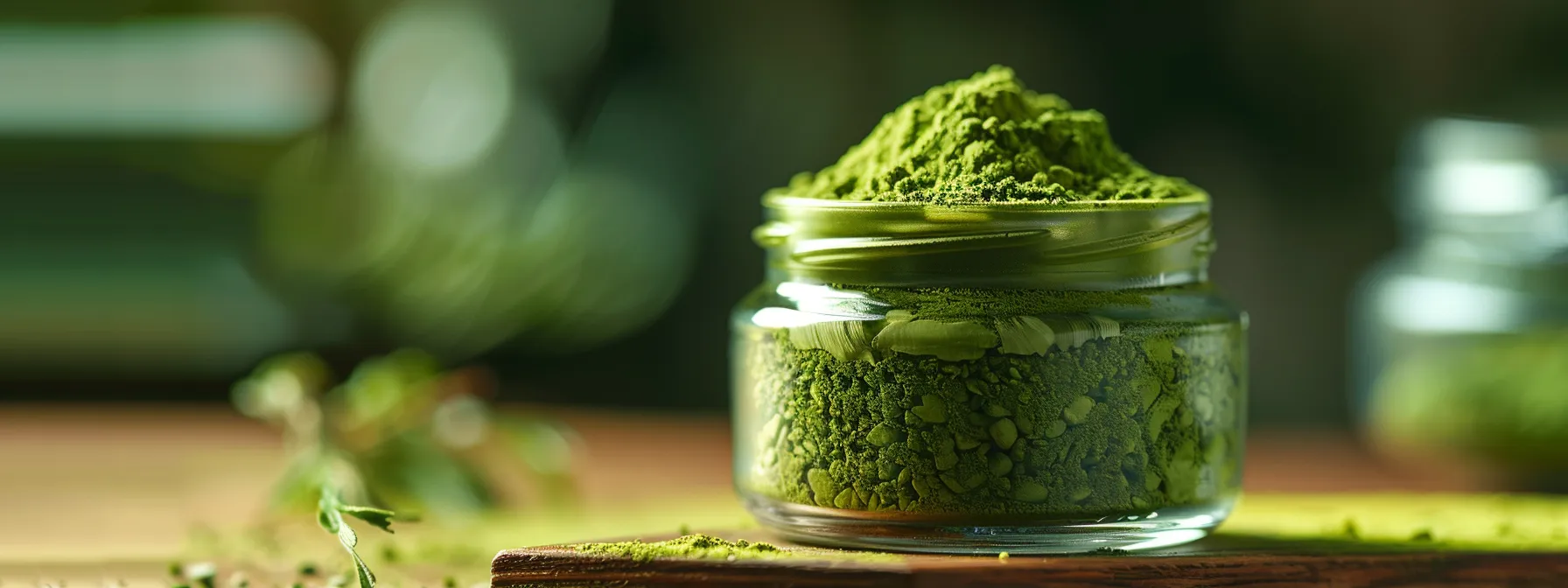 a vibrant close-up of a beautifully curated jar of mushroom matcha mix, showcasing its rich green hues and textured powder against a soft, natural background, illuminated by warm daylight to emphasize freshness and quality.