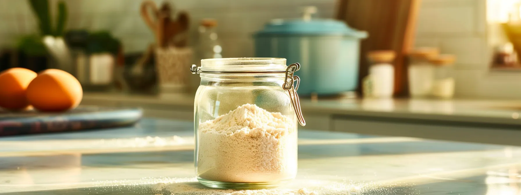 a vibrant close-up of a glass jar filled with translucent collagen powder, set against a serene kitchen backdrop, highlighting the contrast between a healthy lifestyle and potential digestive health concerns.