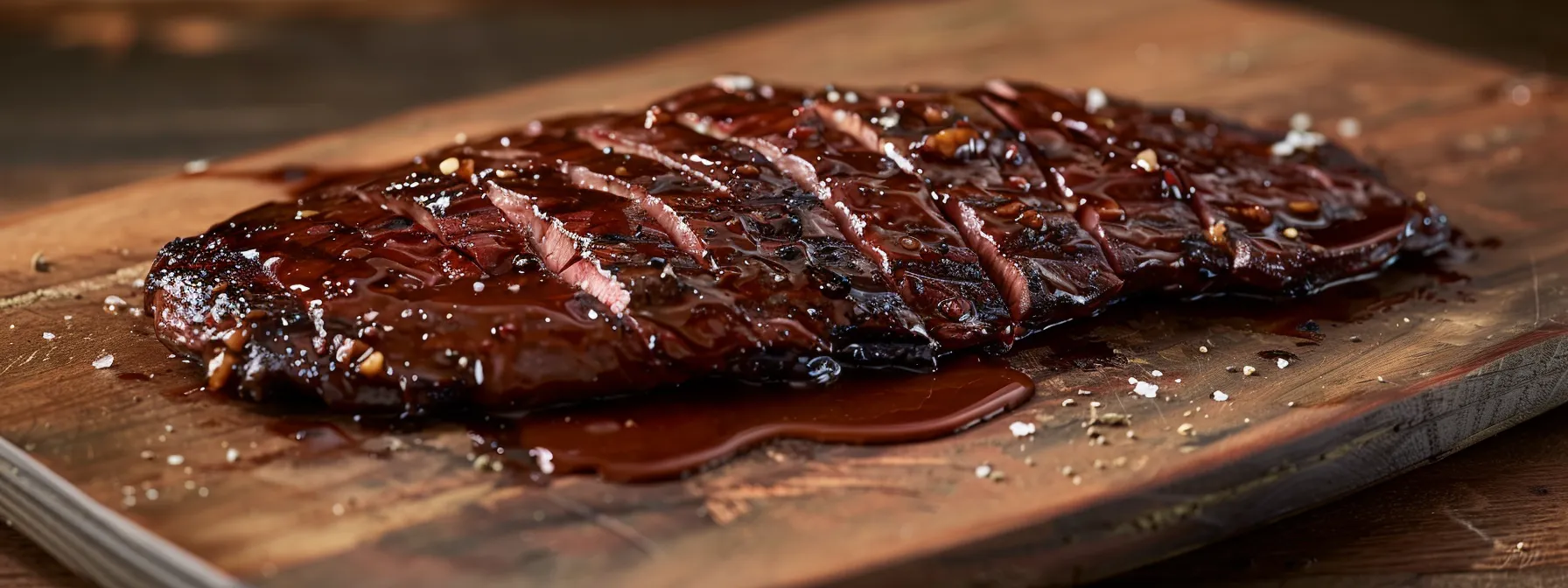 a vibrant, close-up shot of a beautifully plated flank steak drizzled with a rich sauce, set against a rustic wooden table in a modern kitchen, emphasizing the premium quality and nutritional benefits of arizona grass-fed beef.