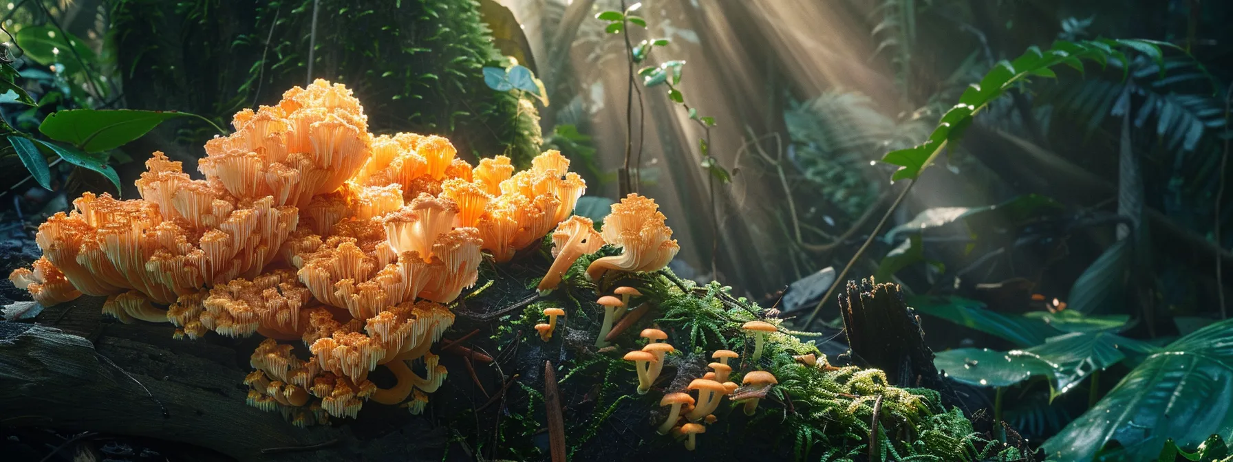a vibrant cluster of lion's mane mushrooms grows on a bed of rich, dark wood, illuminated by soft, dappled sunlight filtering through lush foliage, showcasing their unique, cascading texture and inviting color.