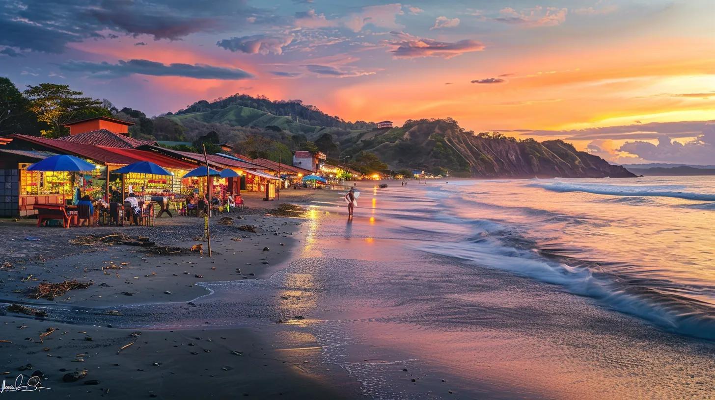 a vibrant coastal scene captures the essence of costa rica’s premier beach destinations, showcasing the lively surf culture and eco-friendly tourism practices, with colorful beach umbrellas lining the shoreline against a backdrop of bustling local markets and sunset-hued skies.