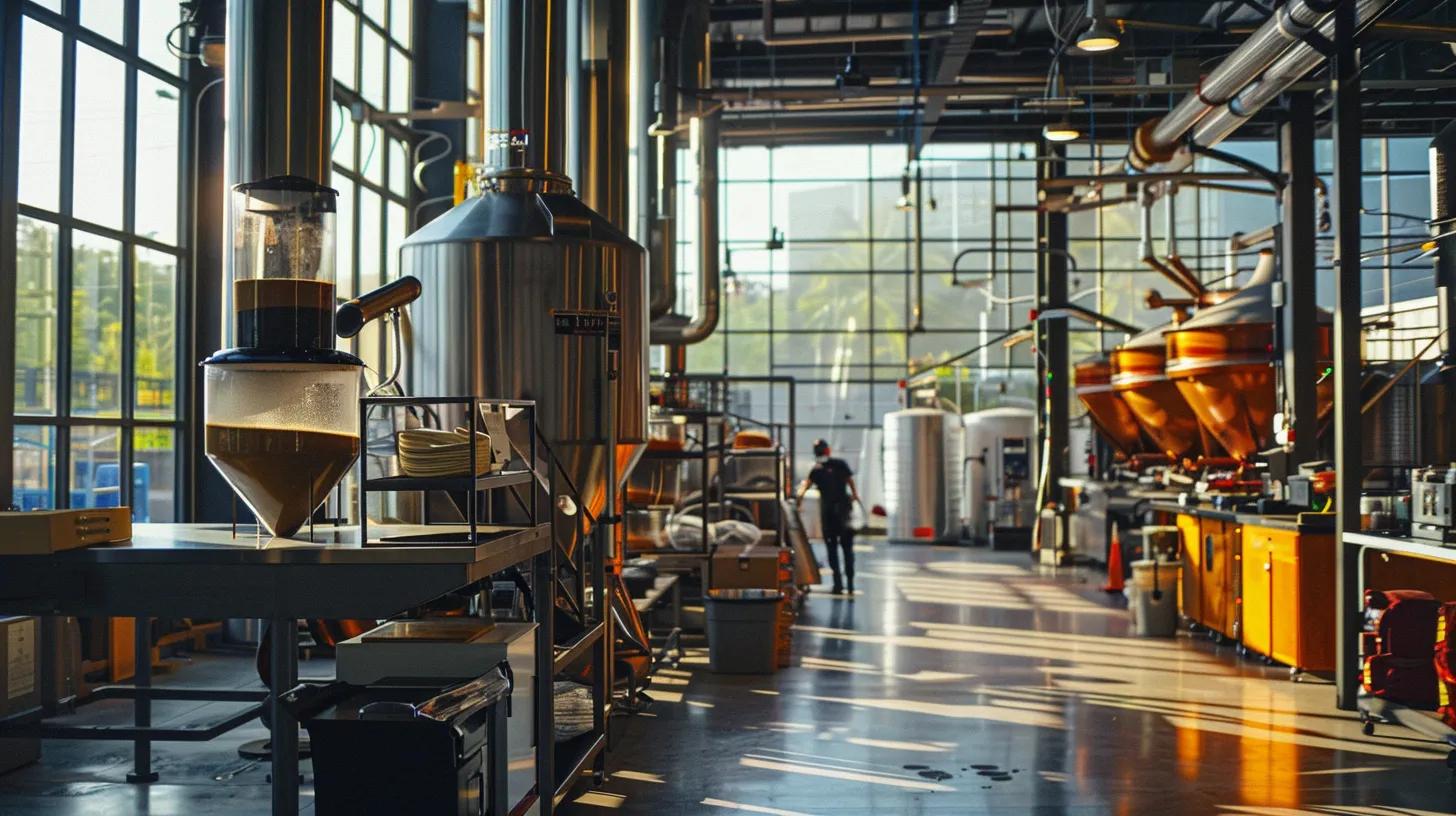 a vibrant coffee roastery bustling with activity, featuring sleek, energy-efficient machinery and workers in eco-friendly apparel, all set against a backdrop of sustainable production practices in an urban industrial setting.