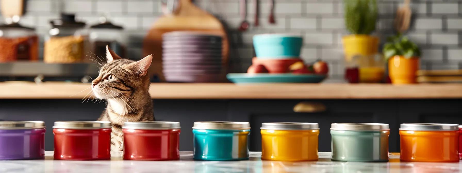 a vibrant, colorful display of various gourmet kitten food cans, featuring diverse protein options like salmon, turkey, and tuna, arranged in a sleek, modern kitchen setting that emphasizes the excitement of meal variety for young cats. a vibrant, colorful display of various gourmet kitten food cans, featuring diverse protein options like salmon, turkey, and tuna, arranged in a sleek, modern kitchen setting that emphasizes the excitement of meal variety for young cats.