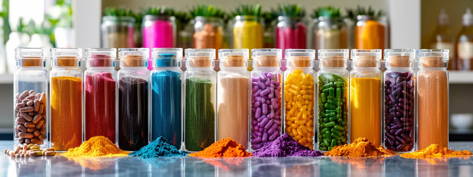 a vibrant, colorful display of various multivitamin and mineral powders artfully arranged in glass containers, set against a bright kitchen backdrop, emphasizing their role in promoting a balanced diet and healthy lifestyle.