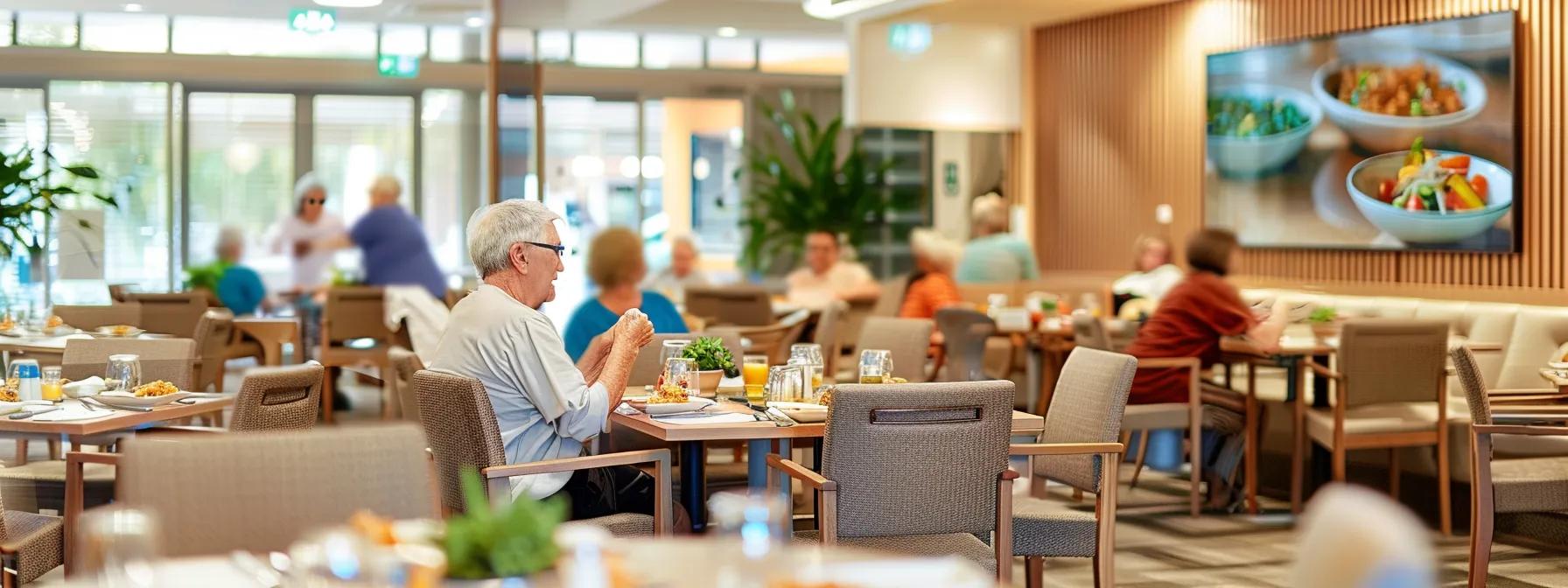 a vibrant communal dining area in a modern aged care facility, with elegantly set tables where seniors are enjoying nutrient-dense meals together, bathed in warm lighting that fosters a cozy and inviting atmosphere.