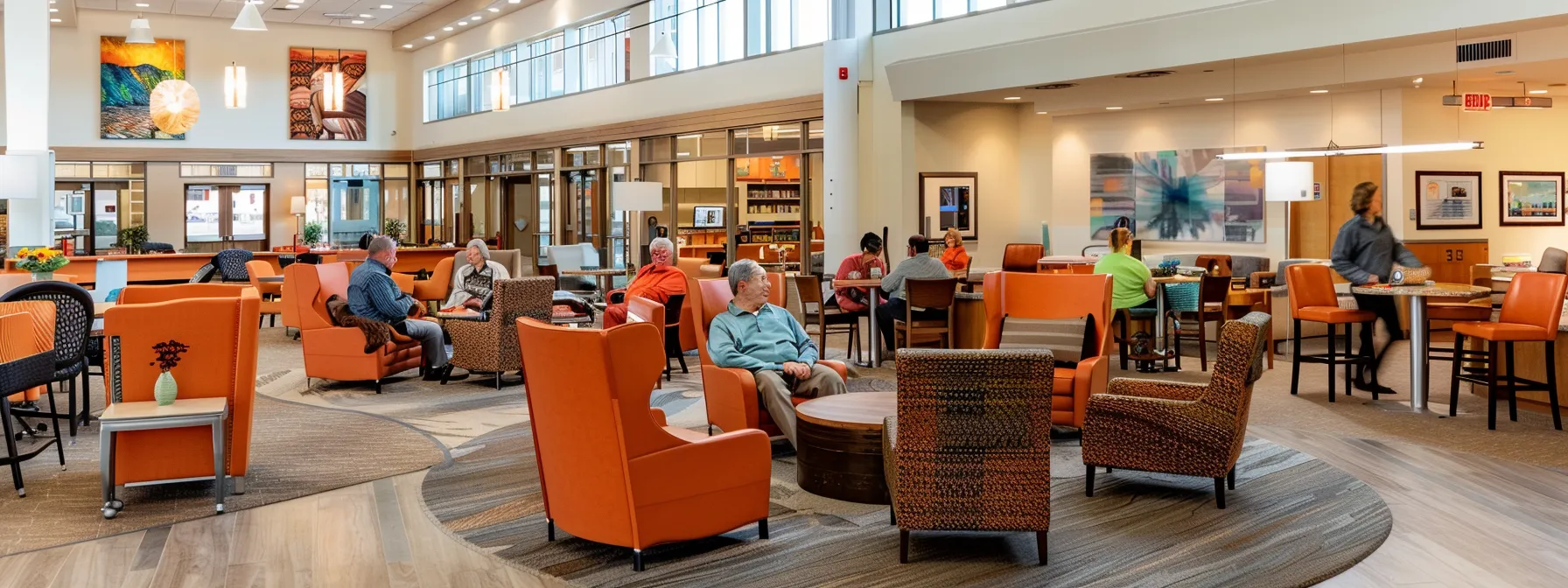 a vibrant community center filled with older adults engaging in various indoor activities, featuring a warm and inviting atmosphere highlighted by contemporary art and cozy seating arrangements.