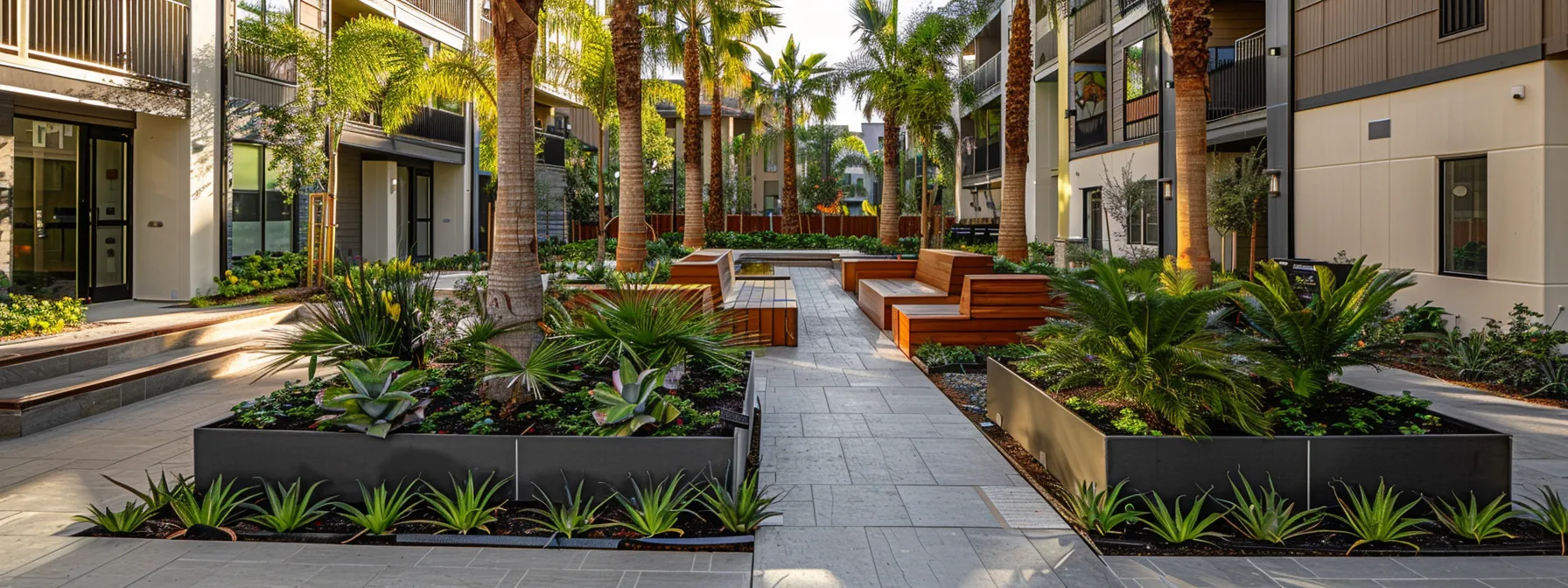 a vibrant community courtyard designed by st. cloud landscaping experts, featuring thoughtfully arranged green spaces and drought-resistant plants, inviting residents to engage and connect in a beautifully modern condominium setting. a vibrant community courtyard designed by st. cloud landscaping experts, featuring thoughtfully arranged green spaces and drought-resistant plants, inviting residents to engage and connect in a beautifully modern condominium setting.