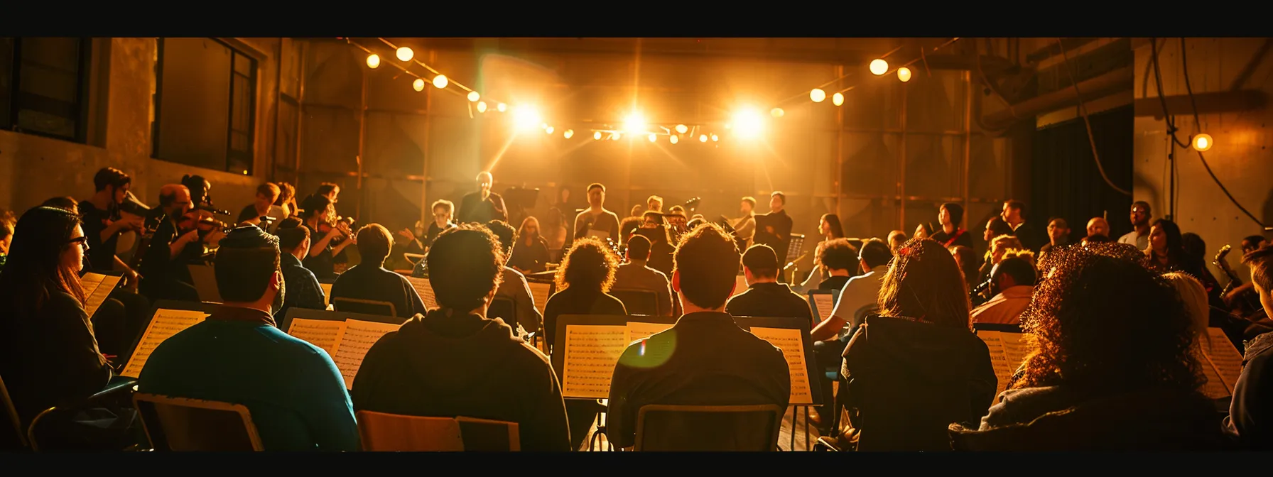 a vibrant community gathering captures musicians and choir members engaged in animated discussions, fostering collaboration and open dialogue in a warm, inviting atmosphere, with soft overhead lighting highlighting their enthusiasm and unity.