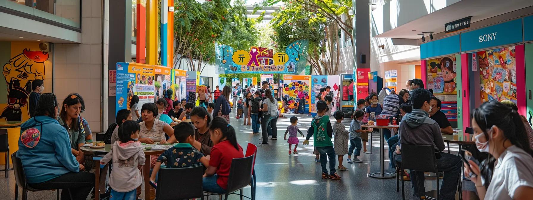 a vibrant community gathering in a brightly lit urban space, showcasing families engaged in interactive workshops and networking, with banners promoting local services and resources prominently displayed in the background. a vibrant community gathering in a brightly lit urban space, showcasing families engaged in interactive workshops and networking, with banners promoting local services and resources prominently displayed in the background.