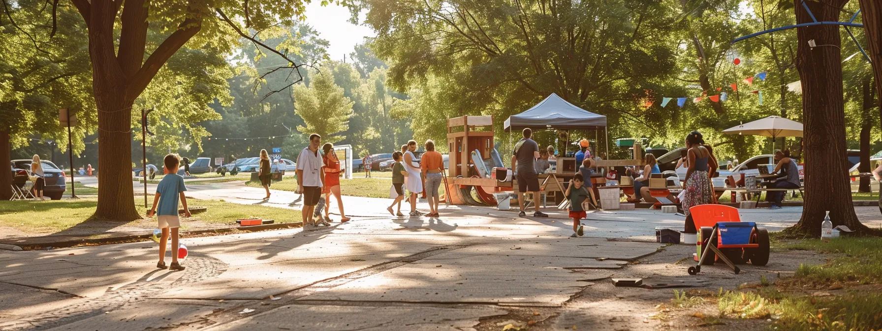 a vibrant community gathering unfolds in a sunlit park, where residents enthusiastically engage in a hands-on asphalt maintenance workshop, showcasing colorful tools and educational materials against a backdrop of well-maintained paved paths.