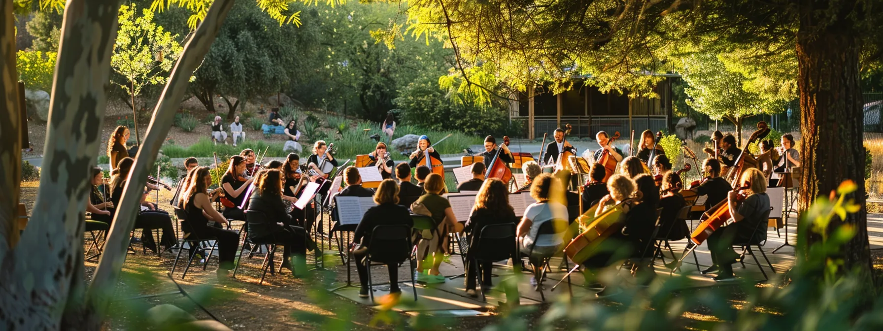 a vibrant community orchestra gathers in a sunlit park, sharing music and laughter, surrounded by lush greenery and colorful instruments, capturing the essence of collaboration and engagement. a vibrant community orchestra gathers in a sunlit park, sharing music and laughter, surrounded by lush greenery and colorful instruments, capturing the essence of collaboration and engagement.