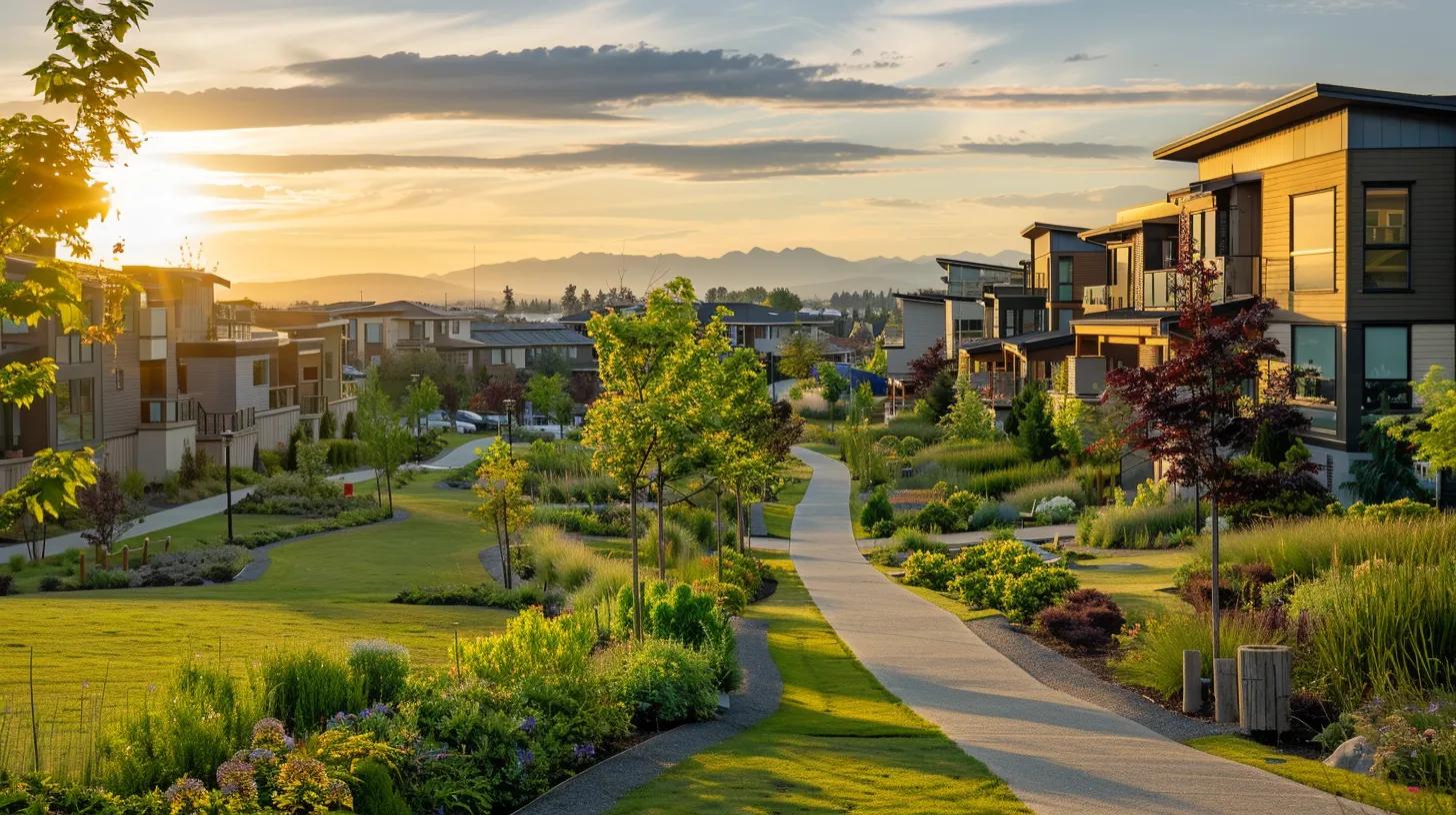 a vibrant community park surrounded by eco-friendly homes, showcasing lush greenery and sustainable architecture that promotes healthier living environments. a vibrant community park surrounded by eco-friendly homes, showcasing lush greenery and sustainable architecture that promotes healthier living environments.