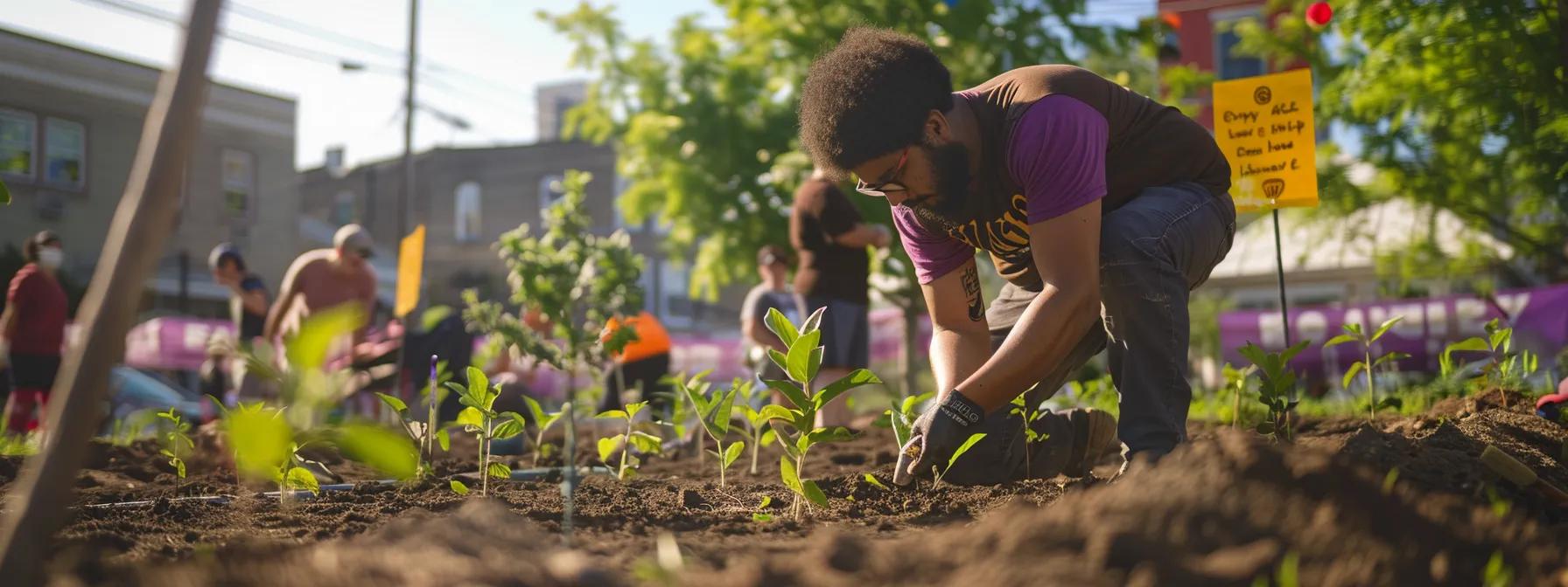 a vibrant community planting event unfolds in an urban setting, showcasing enthusiastic residents strategically placing young trees into well-prepared soil, while colorful banners promoting local sustainability efforts flutter nearby in bright afternoon sunlight. a vibrant community planting event unfolds in an urban setting, showcasing enthusiastic residents strategically placing young trees into well-prepared soil, while colorful banners promoting local sustainability efforts flutter nearby in bright afternoon sunlight.