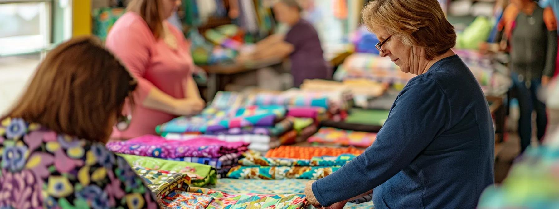 a vibrant community quilting workshop showcases an array of colorful quilt kits and precut fabrics, with participants eagerly collaborating around cutting mats and quilting tools, all captured in a well-lit, bustling indoor studio.