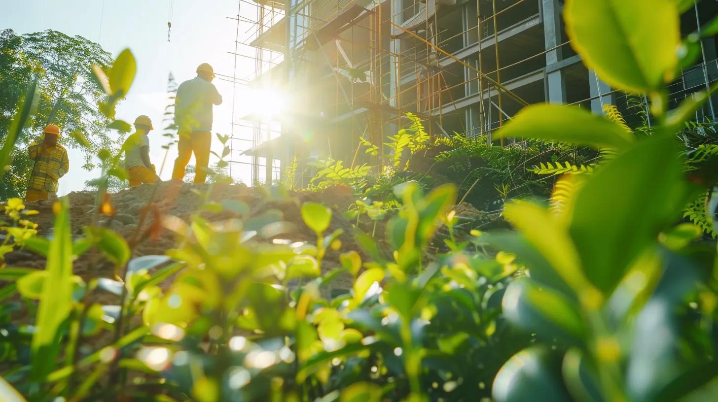 a vibrant community scene showcases a group of local sustainable builders working together on an eco-friendly construction project, surrounded by flourishing greenery and modern architecture that harmoniously blends with the environment. a vibrant community scene showcases a group of local sustainable builders working together on an eco-friendly construction project, surrounded by flourishing greenery and modern architecture that harmoniously blends with the environment.